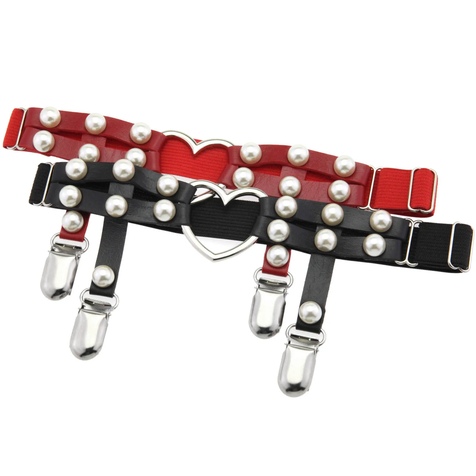 Two Rows Imitation Pearl Punk PU Leather Legchain Women Elastic Leg Chain Hip Hop Heart Leg Ankle Loop Garters Emo Egirl Jewelry