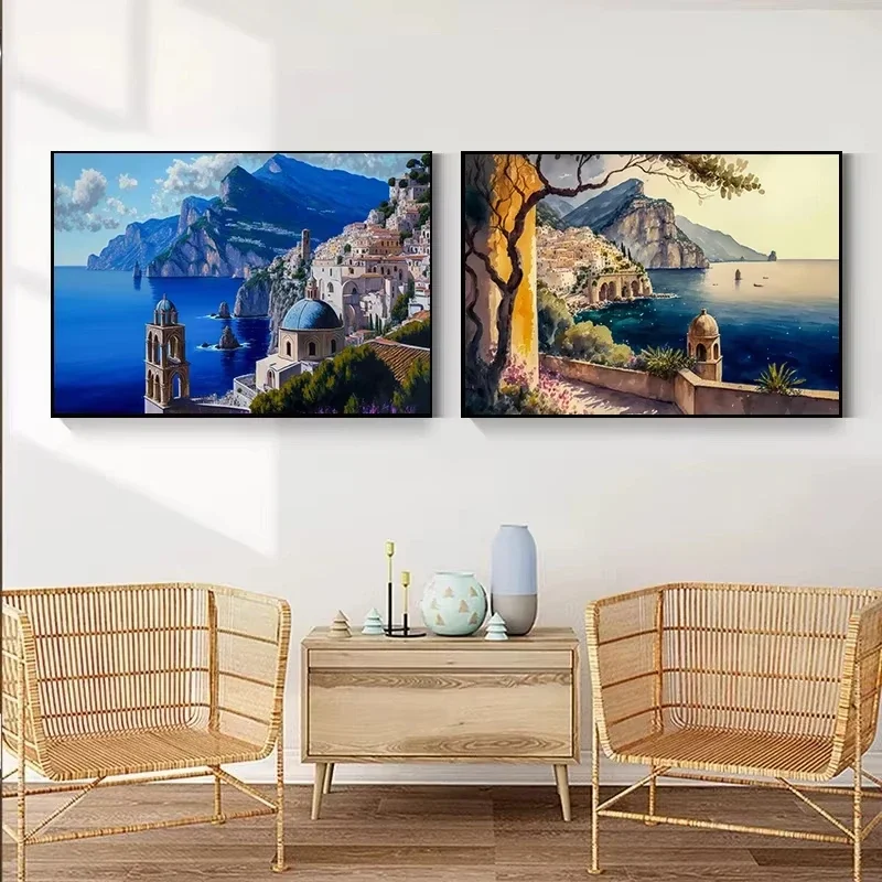 Amalfi Coast and Tuscany Vineyard Landscape Poster Italy Travel Wall Art Picture Canvas Painting for Living Room Home Decor
