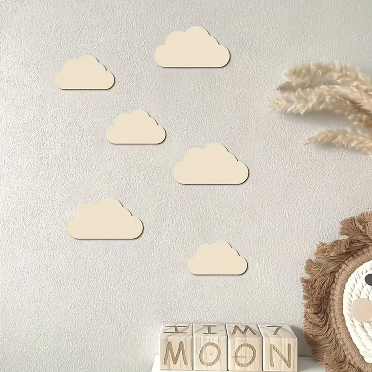 6 Pieces of Cloud Wood Wall stickers 2D Flat with Double-Sided Nano Tape Free Punching baby Room Bedroom Decoration Included