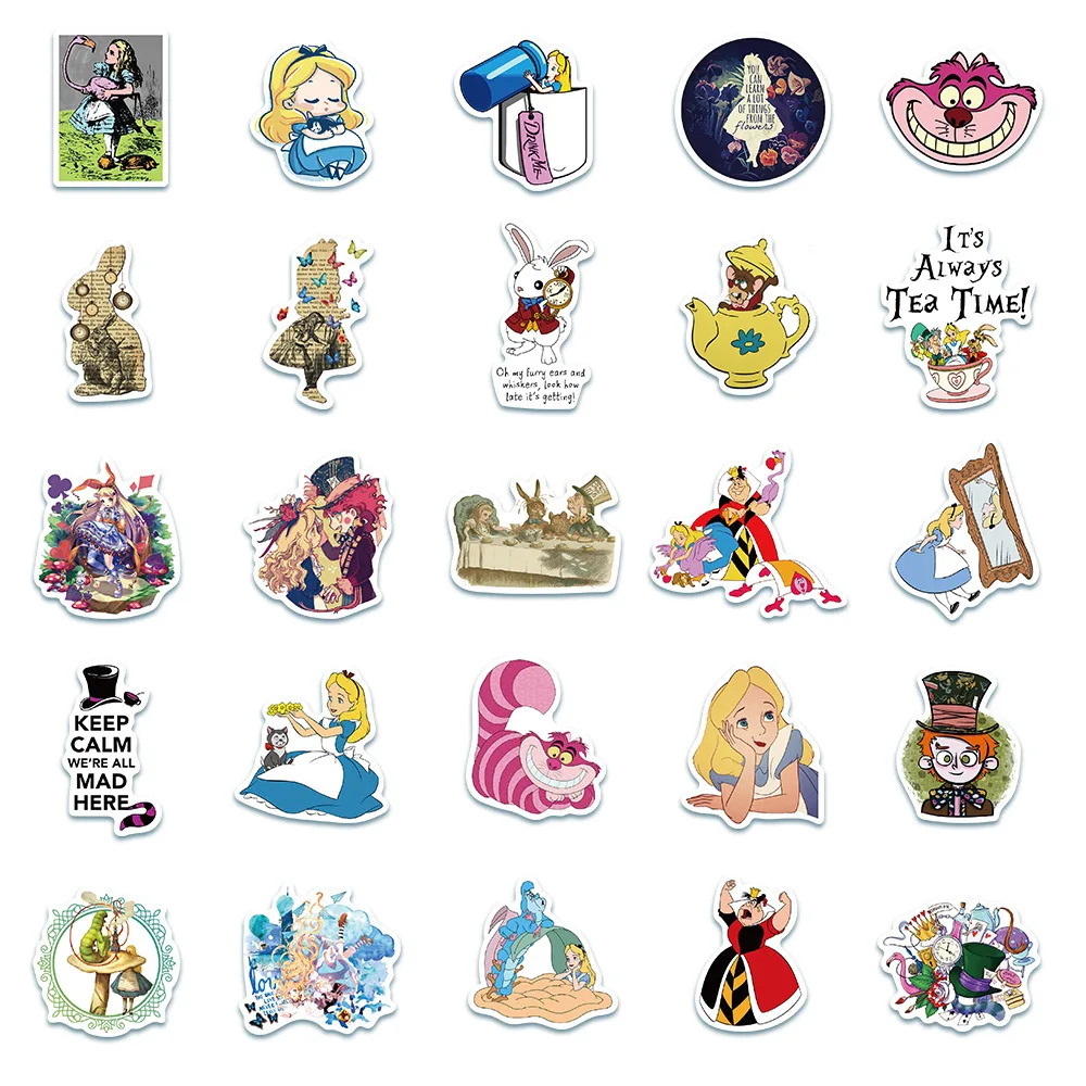 Alice no País das Maravilhas dos desenhos animados adesivos, Disney Anime Decalques bonitos, DIY garrafa de água telefone papelaria adesivo, Kid Party Gift, 10 pcs, 50pcs