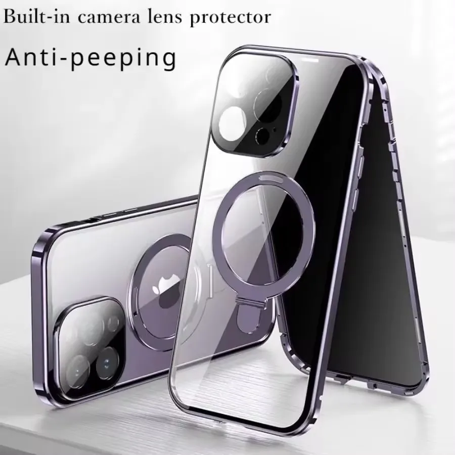 

Magsafe Lens Protector Anti-Peeping Privacy Screen Magnetic Case For iPhone 15 14 Plus 13 Pro Max Shockproof Cover Ring Stand