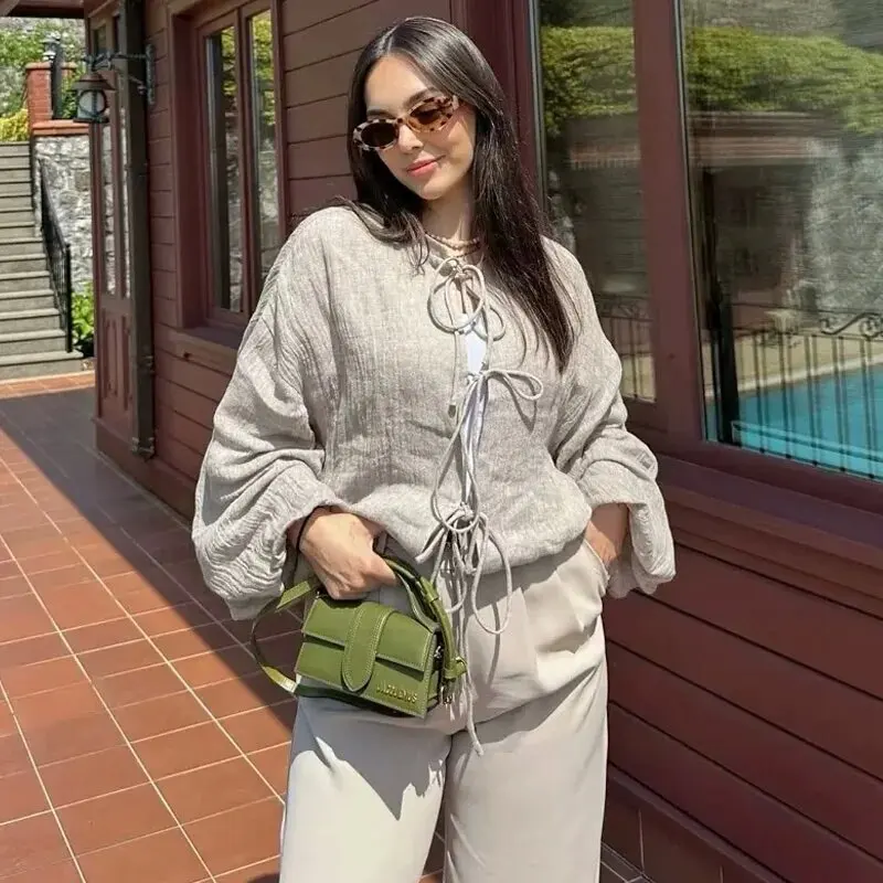 Crop Bow Lace-Up Bluse Damen Shirt Sommer O-Ausschnitt Langarm Lose Shirt Elegante Mode All-Match Damen Blusen