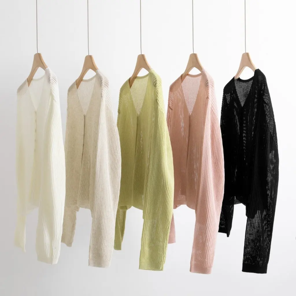 

Linen Lyocell Hollow Knit Sweater V-Neck Long Sleeve Thin Summer Coat Beach Sunscreen Shirt with Shell Buckle for Women