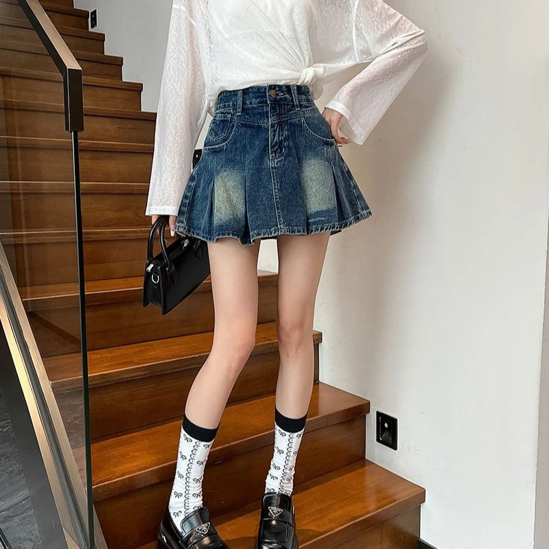 Women's Hot Girl Stylish Denim A Line Mini Skirt Height Enhancing Pleated High Waist With Lining New Arrival Summer Fashionable