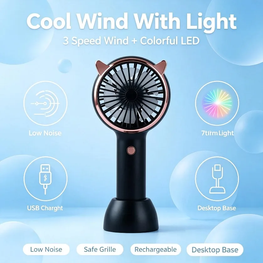 Cat Ear Fan Mini Handheld LED Light 3 Speed USB Rechargeable Portable Quiet Desk Fan With Base for Travel Concert Gift view 4