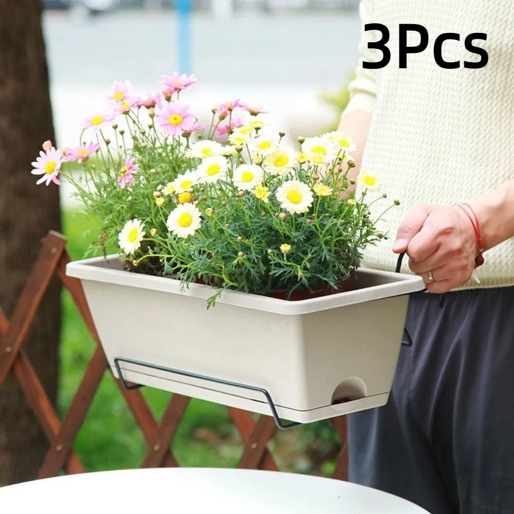3Pcs Resin Rectangular Planter Large Breathable Water Absorbent Plant Pot with Base with Tray Hanging