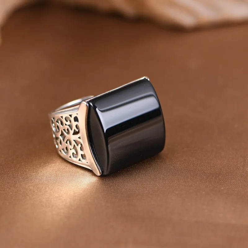 

20X22MM Rectangle Black Agate Button Men Ring Hollow 925 Sterling Silver Wide Vintage Ring Glossy Silver Vine Ethnic Ring Square