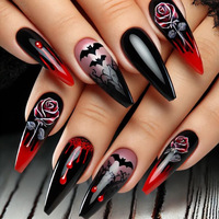 24pcs Wearable Press on Nails Halloween Flower Design Long Coffin False Nail Black Red Tips Fake Nails Sets Bat Ballet Manicure