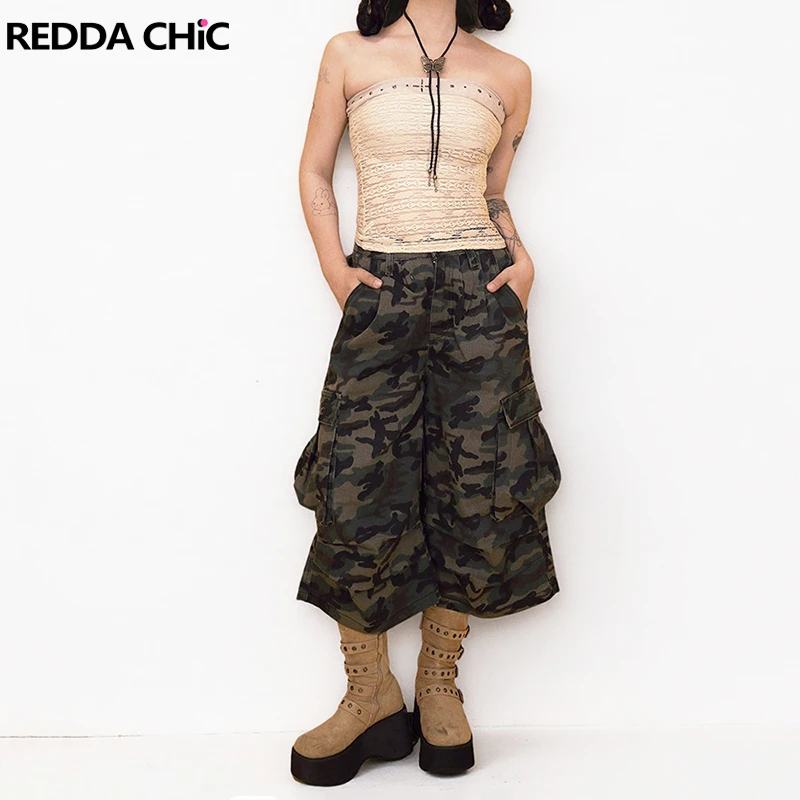 REDDACHiC Camouflage Multi-pocket Bermuda Pants for Women Retro High Rise Pleats Wide Leg Cargo Jean Shorts Harajuku Streetwear