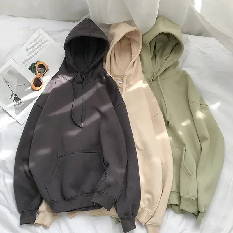 

Woman's Sweatshirts Solid Drop Shoulder Korean Female Hooded Pullovers 2023 Thicken Warm Oversized Hoodies Women Tops