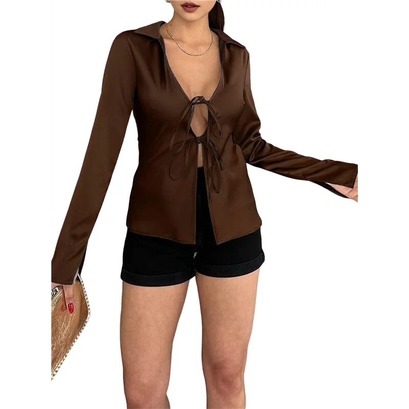 

CGS-Womens Sexy- Tie Front Satin Shirts Deep V Neck Silk Club Tops Long Sleeve Y2k Going Out Blouse