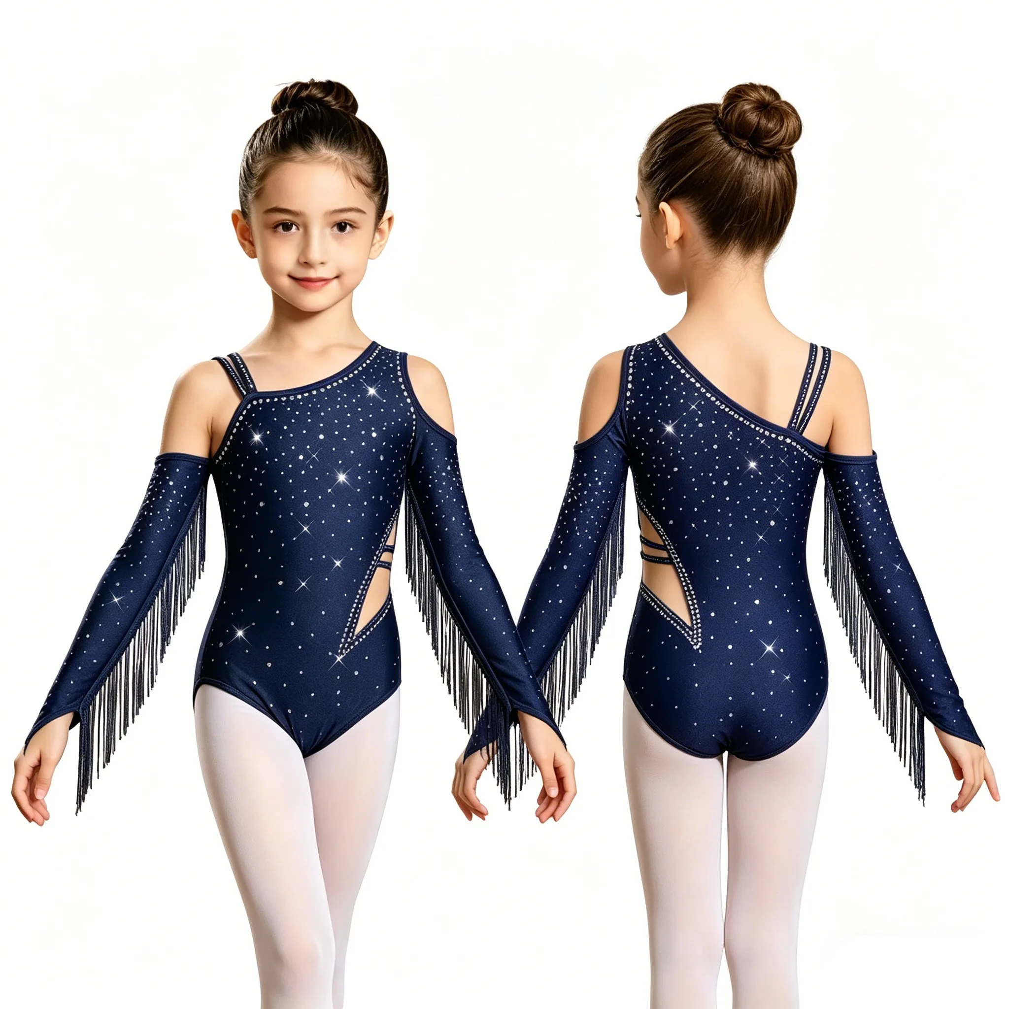 

Children Girls Tassel Long Sleeve Rhinestone Cutout Figure Skating Gymnastics Ballet Leotard Latin Dance Cha-cha Samba Bodysuit