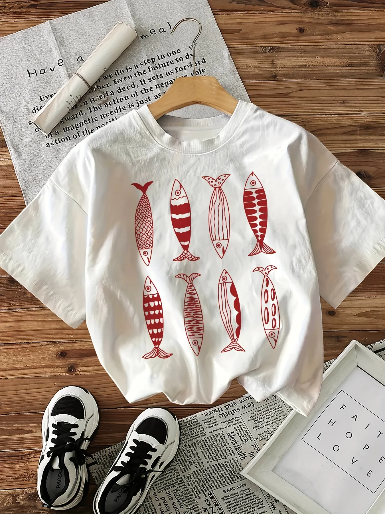 Funny Fish T-Shirt 100% Cotton Women's Casual Fish Print Design Short Sleeve Crew Neck Top Tee Harajuku