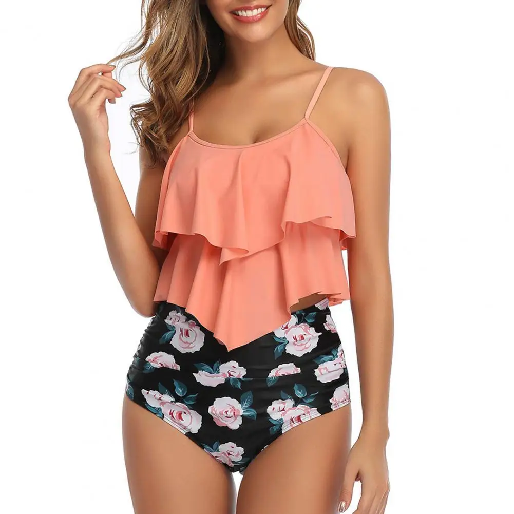 2 sztuk/zestaw damskie stroje kąpielowe drzewo kokosowe drukuj Ruffles dwuczęściowe bikini z rozcięciem Slim Fit paski Spaghetti strój kąpielowy do pływania