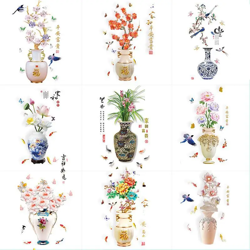 3D Chinese Lucky Lotus Vase Lotus and Wintersweet Wall Decals for Living Room Dining Bedroom Home Decor New Year Decor
