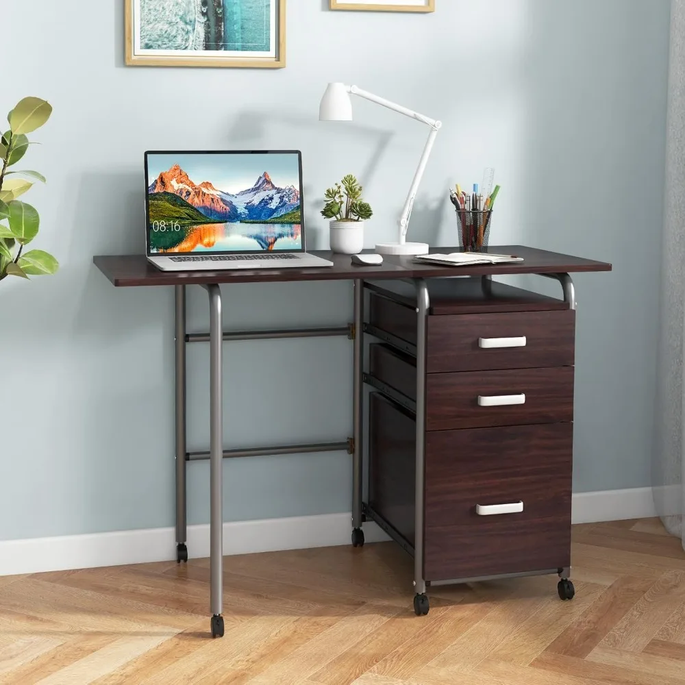 

Folding Desk for Small Space, Rolling Home Office Desk with 3 Drawers & Lockable Universal Wheels, Mobile Study Writing