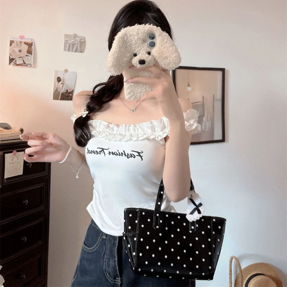 Summer New Sexy Pure Desire One Shoulder Letter Print Tube Top Women's Slim Fit Fixed Strap Chest Pad Versatile Nylon Cotton ...