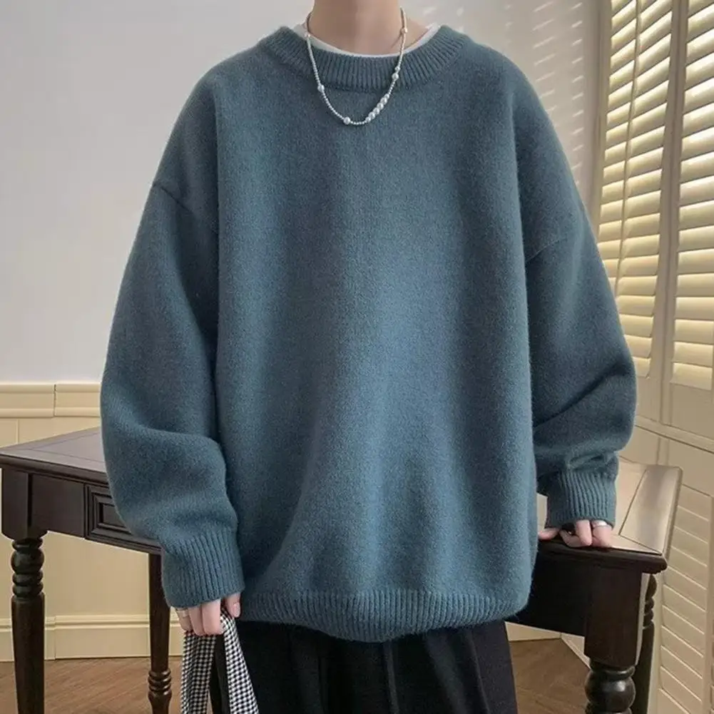 

Men Fall Spring Sweater Round Neck Long Sleeve Loose Sweater Elastic Cuff Thick Soft Pullover Men Sweater Top