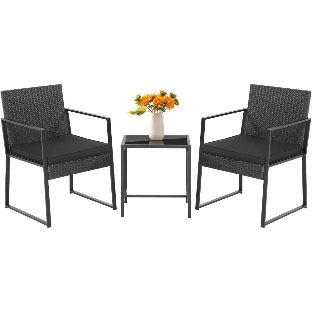 

3 Pieces Patio Bistro Set, Outdoor Rattan Chair Sofa with Coffee Table, 2 Cushions, Wicker Conversation Set for Garden, Balcony