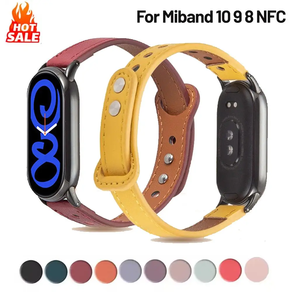 Leather double nail strap for Xiaomi Smart band 10 9 8 NFC watchband Accessories Wristband Brecelet Correa for Mi Band10 Miband9