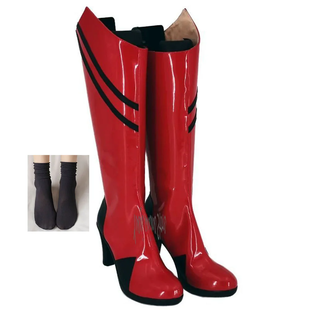 

Customized-Anime Asuka Langley Soryu Cosplay Boots Red Black Handmade Long Boots Faux Leather High Heeled Boots