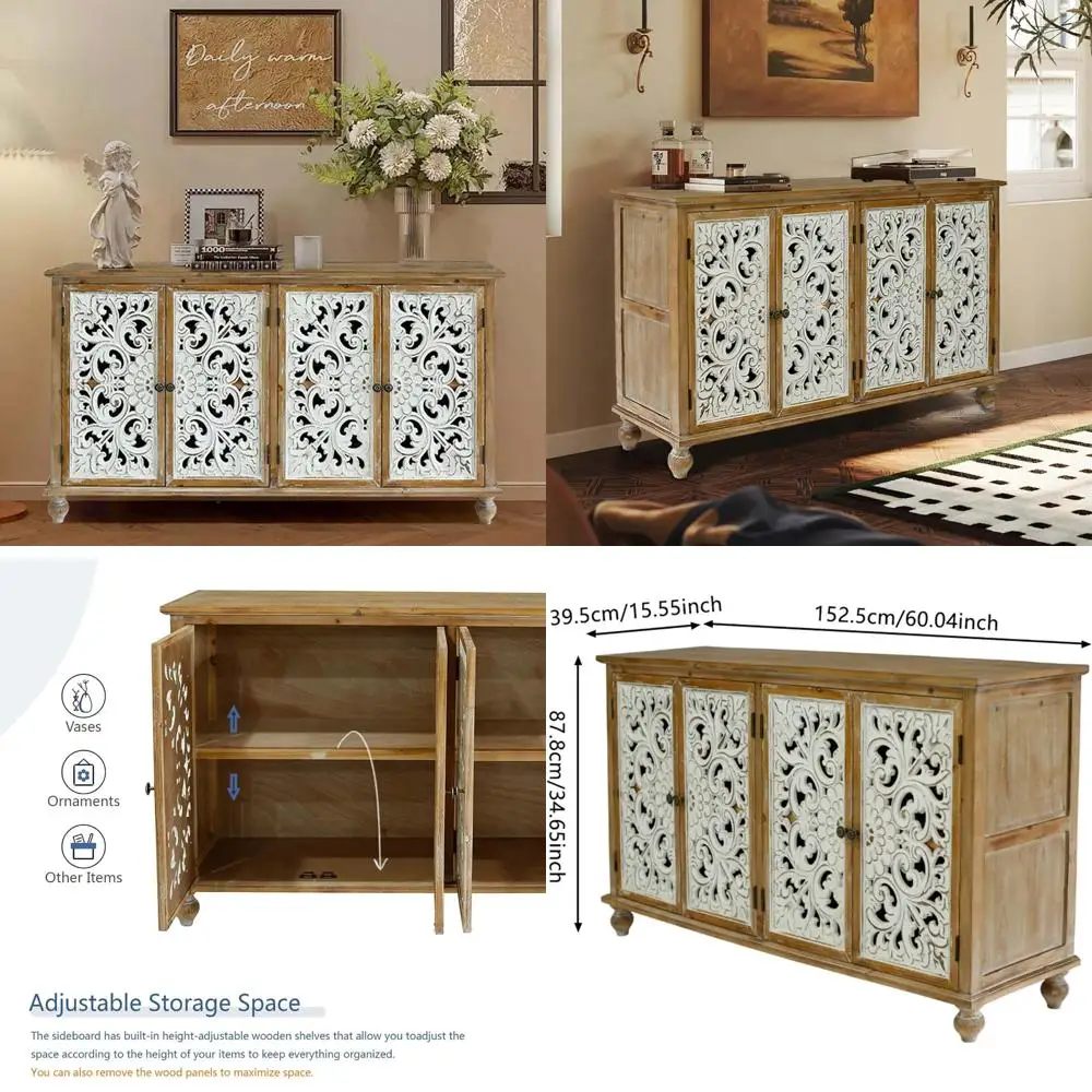 Four-Door Wooden Buffet Cabinet - Elegant Storage Sideboard for Living and Dining Spaces