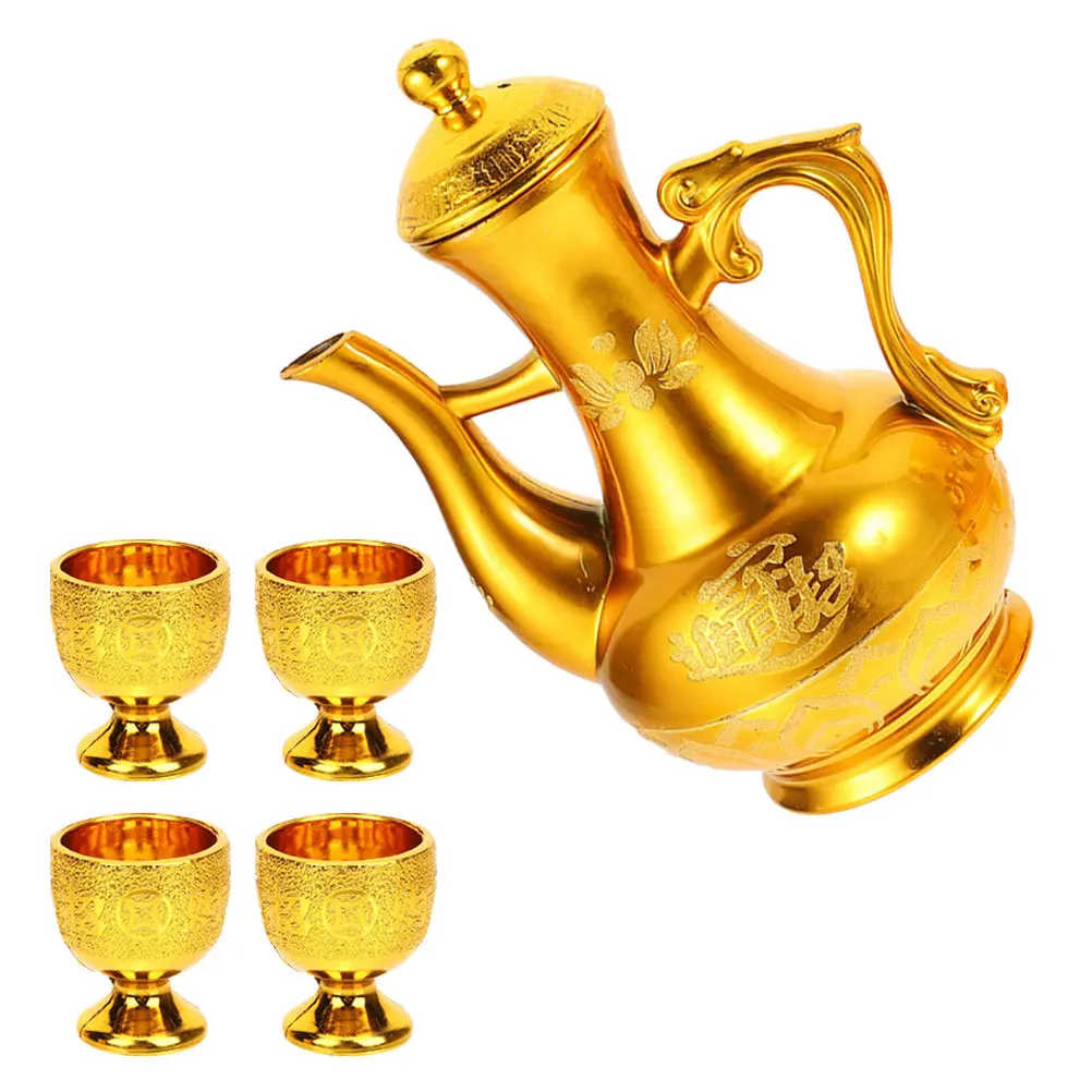 

1Set Golden Lotus Tea Pot Vintage Offering Cups Set Buddhist Worship Accessories Dragon Water Offering Bowls
