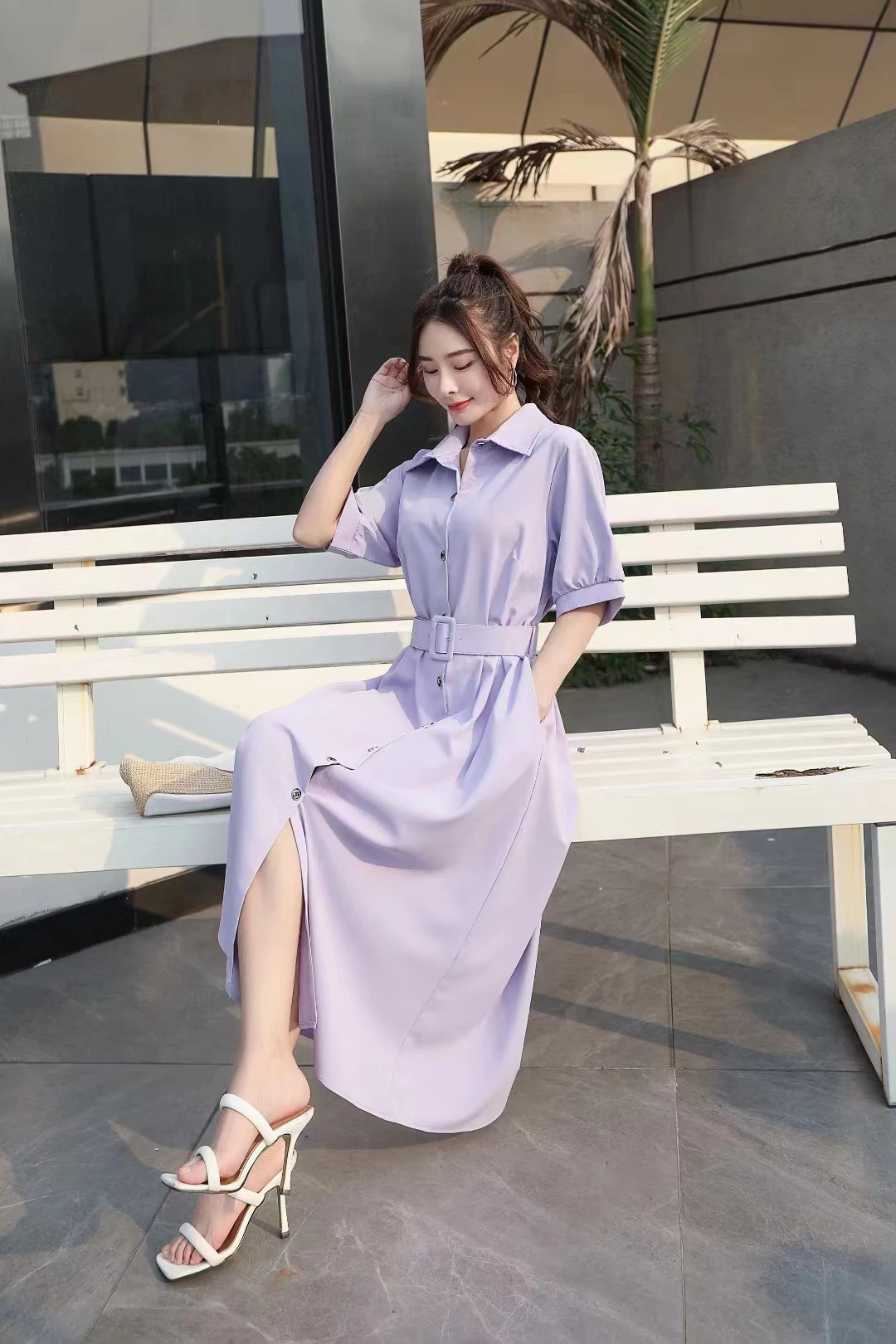 Summer Women Turn-down Collar Short Sleeve Belt Slim Long Dress Korean Fashion Big Hem Solid Color Single-breasted Office Dress image 4