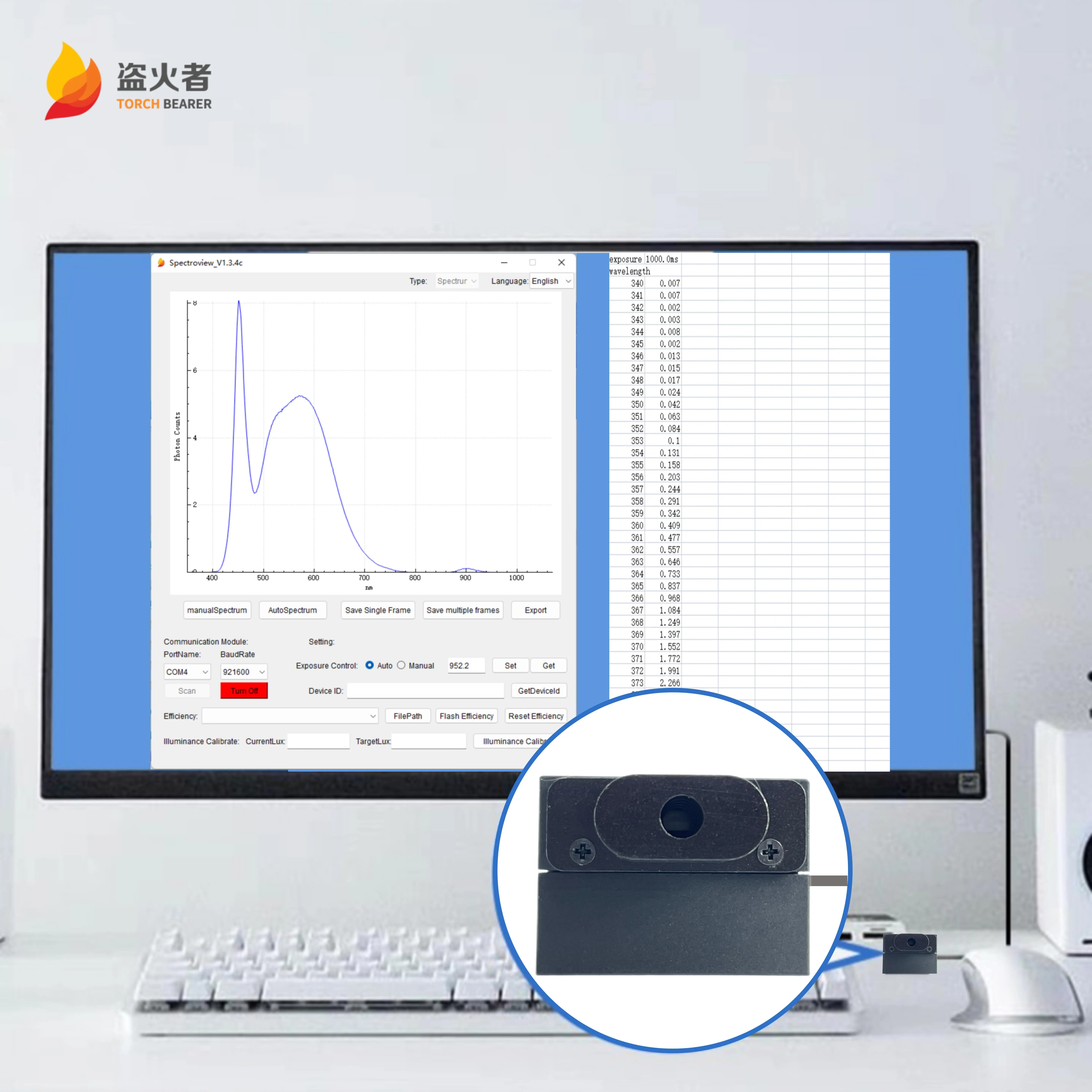 T3 Portable Fibre Optical Spectrometer UV Spectrometer 340-1020nm CCD Spectroradiometer