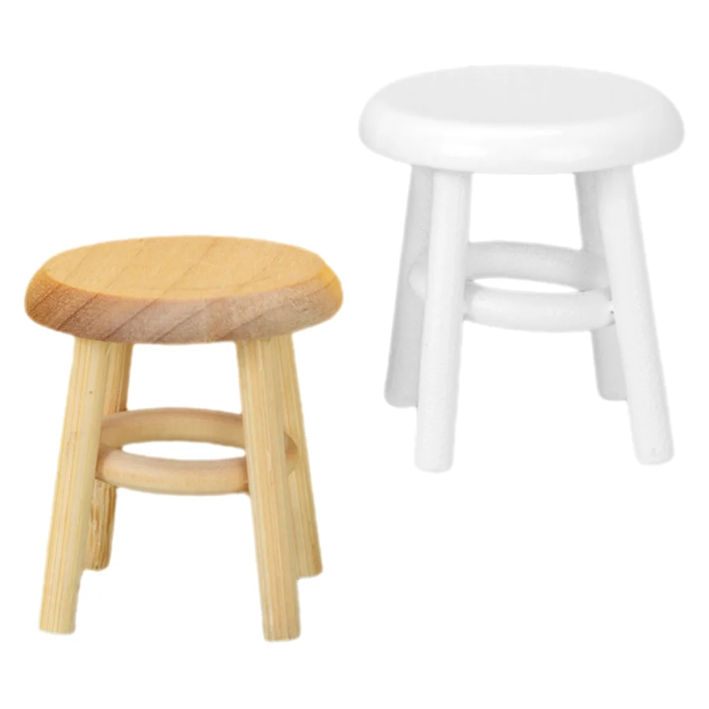 Mini House Chair 1:12 Furniture Model High Stool Ornaments Miniature Play Accessories (wood Color + White) 2pcs Barstools