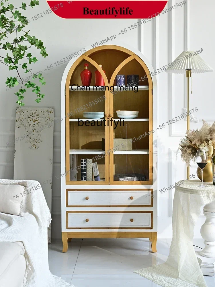 

D178 H Solid wood retro two-door wine cabinet living room arched with glass display cabinet floor-to-ceiling multi-layer bookcas