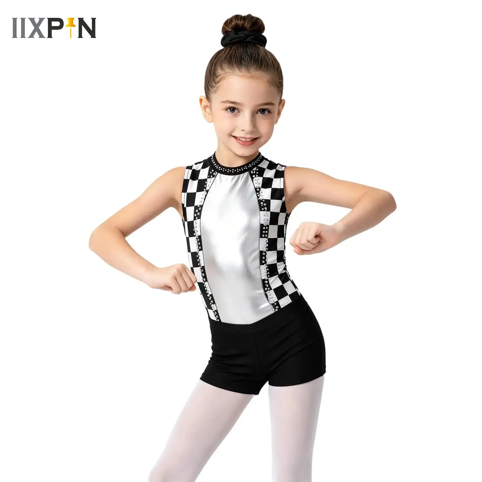 

Kids Girls Rhythmic Gymnastics Jersey Ballet Unitards Biketards Jumpsuit Shorts Scrunchie Printed Skating Performance Leotards