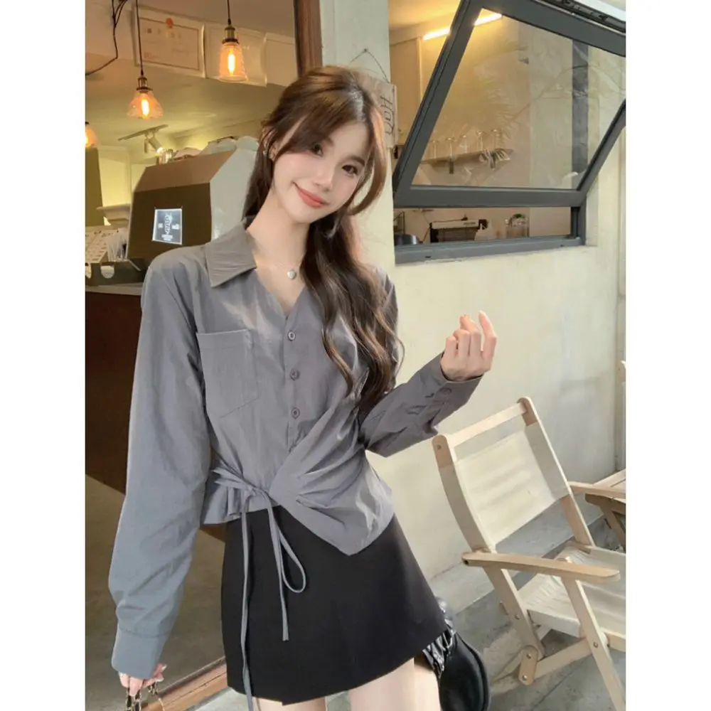 

French Style V-neck Side Waist Strap Long Sleeved Shirt Spring Autumn Casual Loose Irregular Chic Tops Fashion Clothes For Women