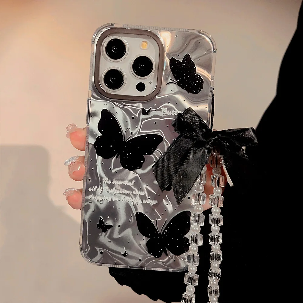 Black butterfly cute bow bracelet ins shiny blingbling protector shell for iphone 11 12 promax 13 14 15 pro max plus phone case