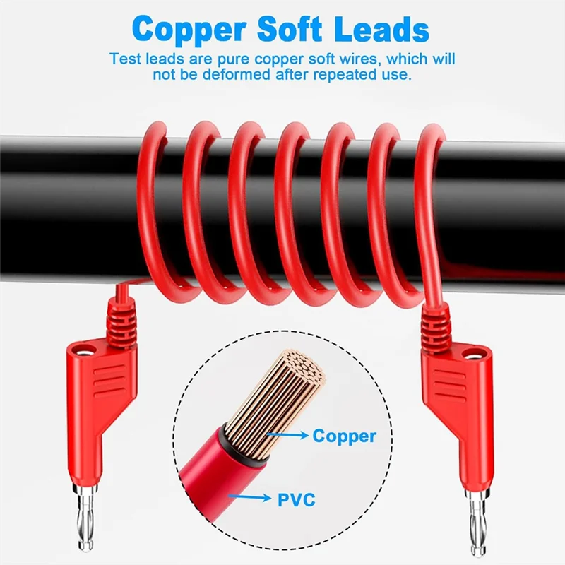 كابل مرن قابل للتكديس من الموز إلى الموز 4 مم، موصلات اختبار كهربائية مع 10 قطع من مشابك التمساح النحاسية الواقية-AT36