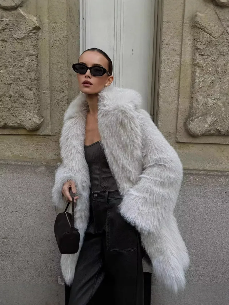 Damski luksusowy płaszcz ze sztucznego futra, gruby, pluszowy, długi płaszcz z imitacji futra, styl lisia, średniej długości, ciepła, codzienna, elegancka kurtka dla kobiet.