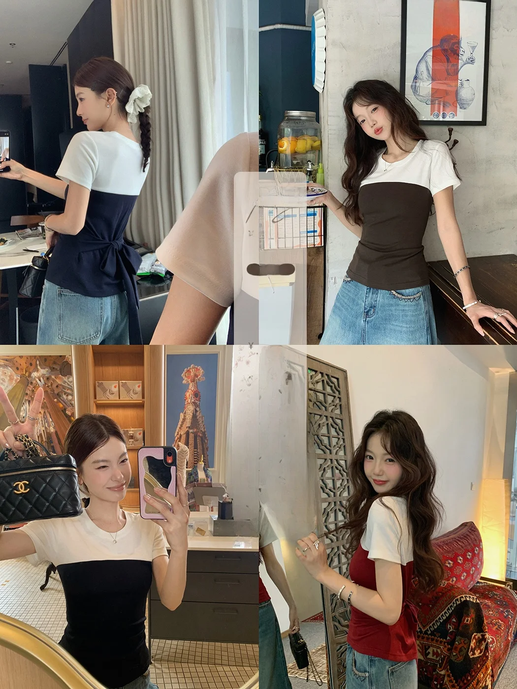 

Ibell Zhang Fake Two-Piece Color Blo Ba Tie Waist ort Sve round Ne Женская футболка повседневная свободная посадка летняя хлопковая ...