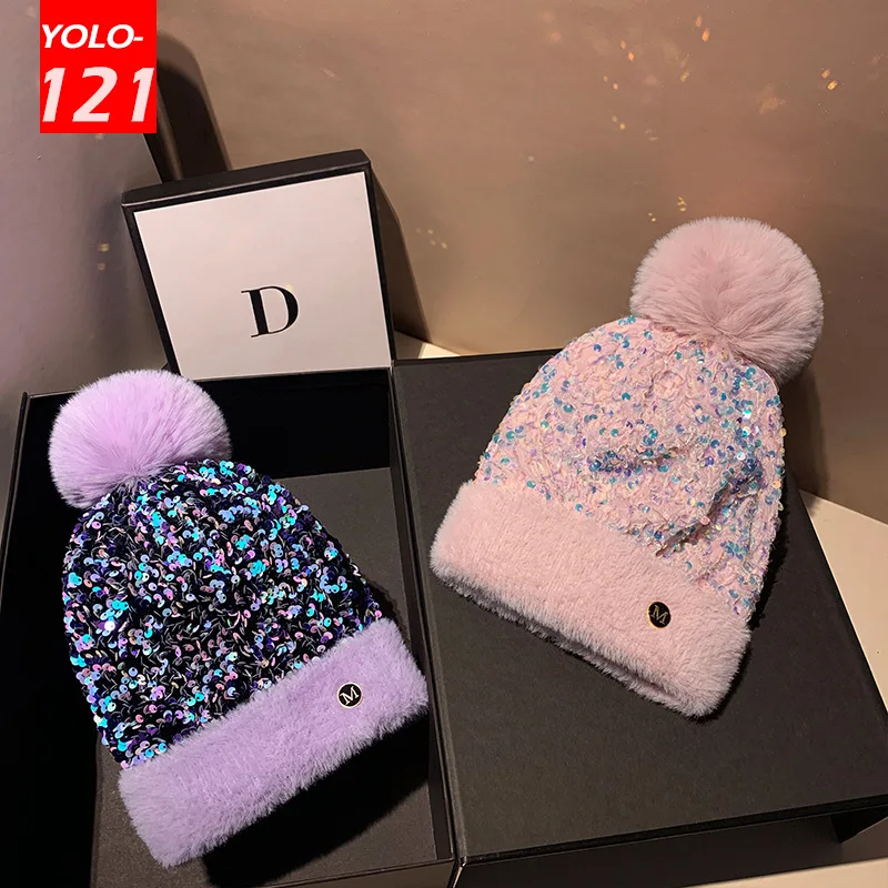 Shine Hats Women Winter Warm Knitted Hats Sequins Cute Dome Bonnet Warm Fashion Woolen Hats Casual Solid Beanies for Women