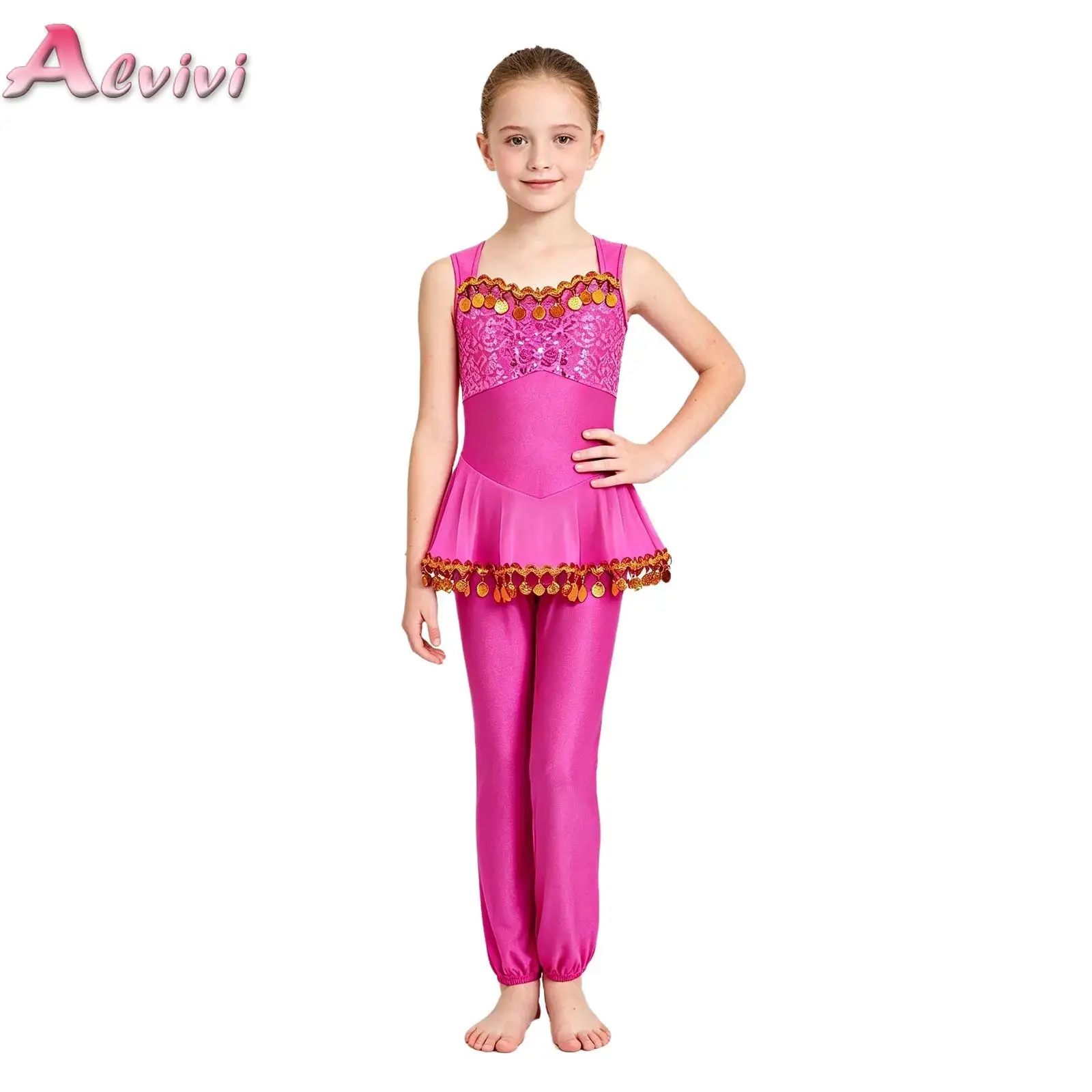 Kids Girls Arabian Princess Costume Shiny Sequin Gold Trim Tassel Mesh Peplum Jumpsuit Sleeveless Cutout Performance Bodysuit