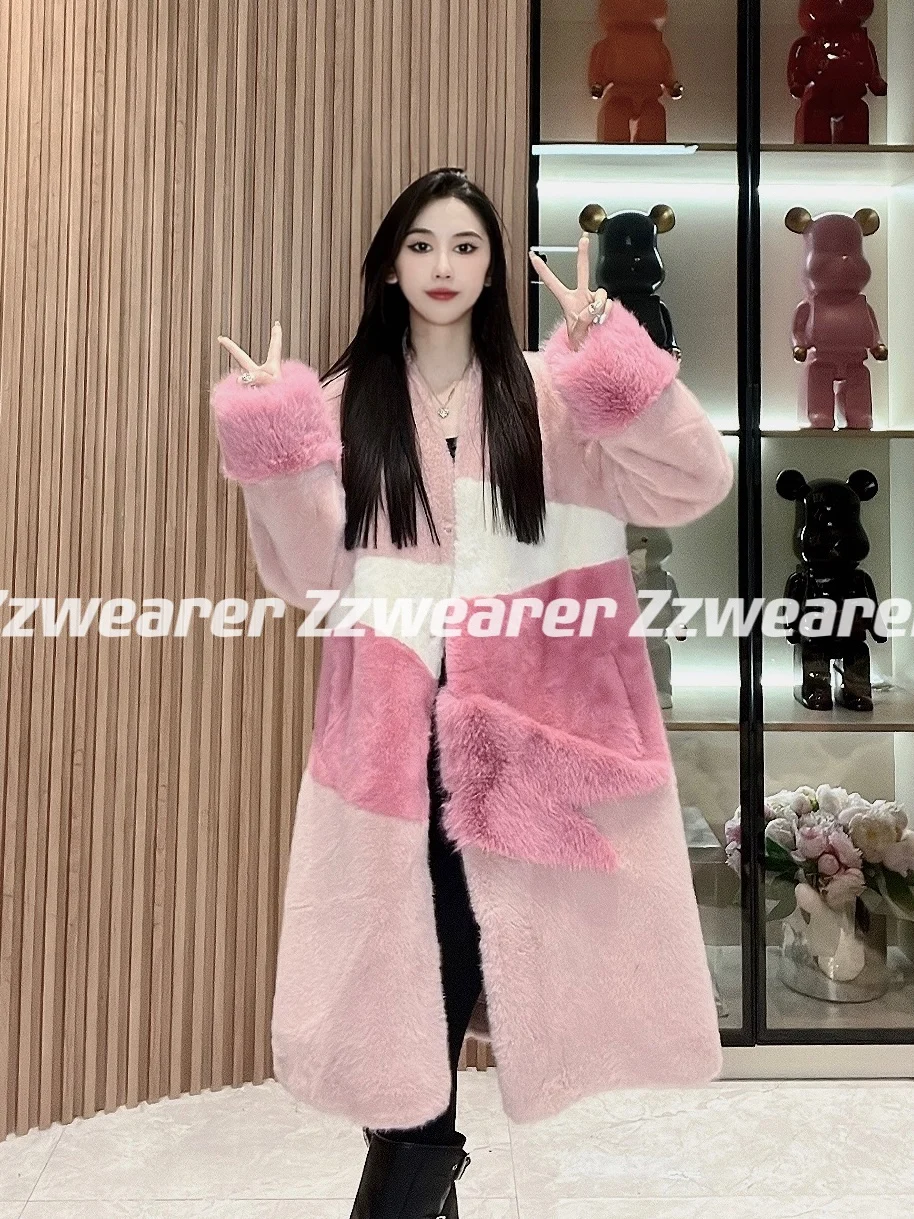 Stitching Long Sleeve Contrast Color Environmental Protection Furry Coat Women Fall Winter Thickening V-neck Long Faux Fur Coat