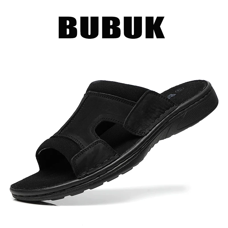 Bubuk First-Layer Cowhide Men's New Fashion Open-Toe Casual Summer Slippers, Adjustable, Non-Slip, Suitable for All Seasons, Comfortable Soft-Soled Beach Shoes
