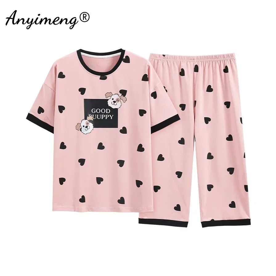 Women Capris Pajamas Set Summer Cotton Sleepwear Elegant Floral Printing Calf-length Loungewear Leisure Cropped Trousers Pyjamas