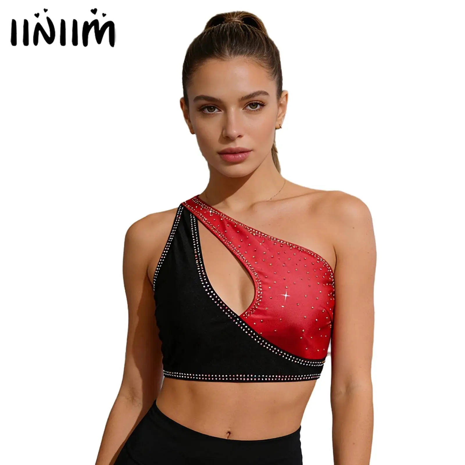 

Женский спортивный бюстгальтер на одно плечо с замочной скважиной, топы на бретелях, блестящий укороченный топ для тренировок со стразами и съемными подушечками на груди