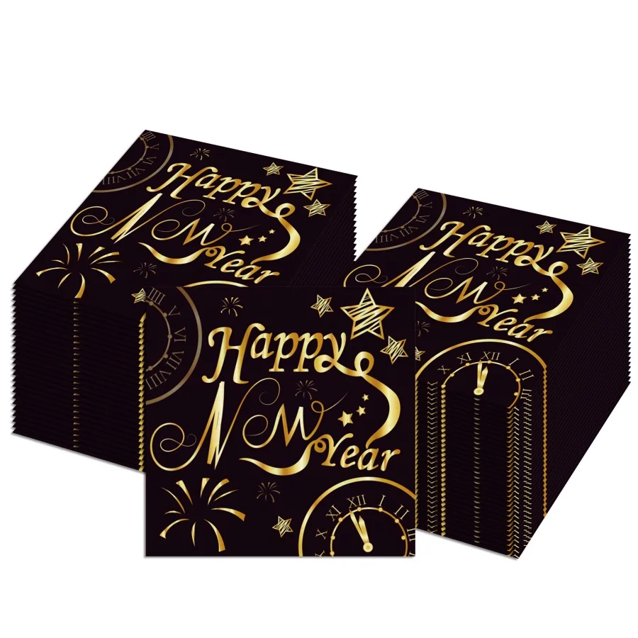 20Pcs Happy New Year Paper Napkins Black Gold Midnight Clock Fireworks Star Print Disposable Serviettes Nye Party Table Decor