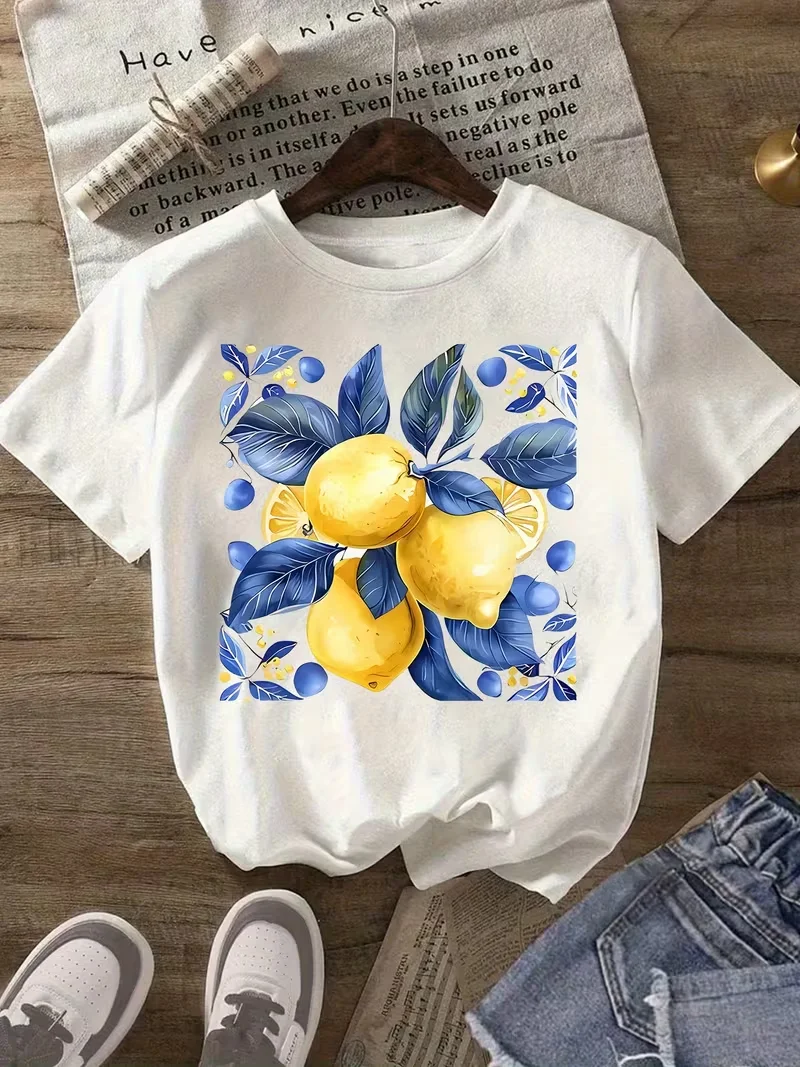 Amalfi Lemon Citrus Print T-shirt Mediterranean Tile Graphic Short Sleeve Tops Women Casual Loose Streetwear Daily Wear Tee