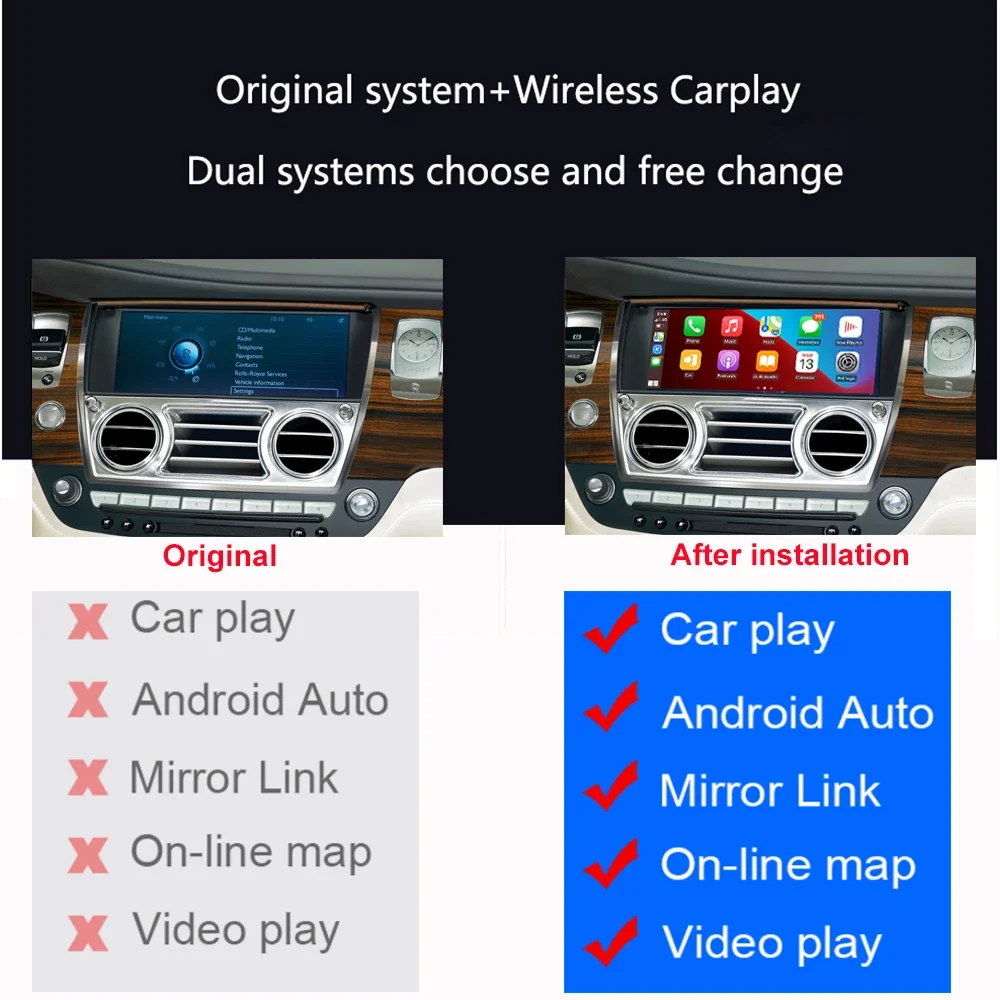 Plug And Play Wireless CarPlay Android Auto Retrofit Kit For Rolls-Royce Ghost EVO 2019-2022 10.25