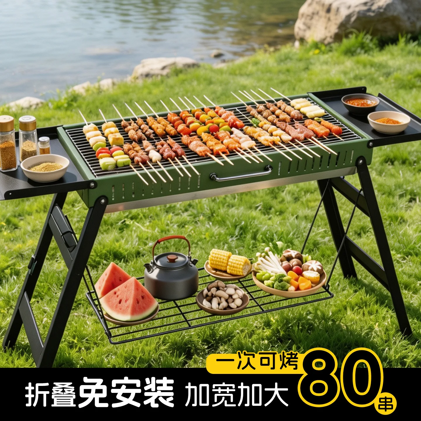 Grill Outdoor 304 Stainless Steel BBQ Grill, Portable Folding Large Charcoal Barbecue, Heavy Duty Cooking Grate