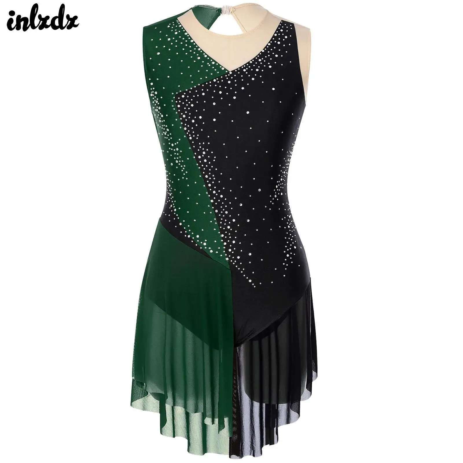 

Women Gymnastics Artistic Figure Skating Dress Ballet Lyrical Dance Costume Sparkly Rhinestones Cutout Back Sheer Mesh Skirted