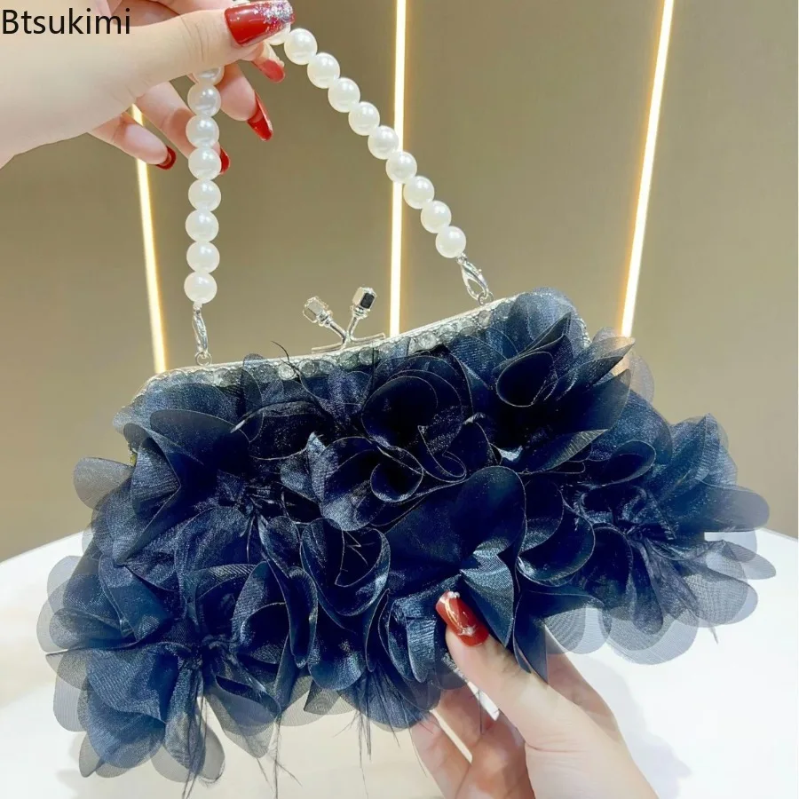 3D Flower Evening Clutch Bag Sweet Style Wedding Romantic Bridal Handbag Purse Metal Handle Banquet Dinner Dress Bags with Chain