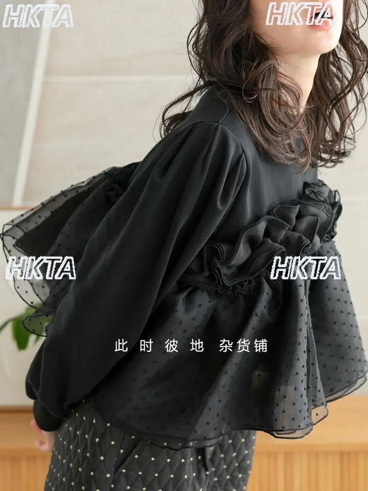เสื้อฮู้ดสไตล์ญี่ปุ่นทรงหลวมลำลองลายจุดผ้าซีทรูแบบต่อผ้า เสื้อแจ็คเก็ตสเวตเชิ้ตใหม่ประจำปี 2025 เสื้อผ้าผู้หญิงสำหรับฤดูใบไม้ร่วงและฤดูหนาว
